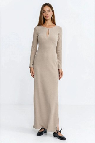 Sukienka maxi z łezką na dekolcie S283 Beige - Nife